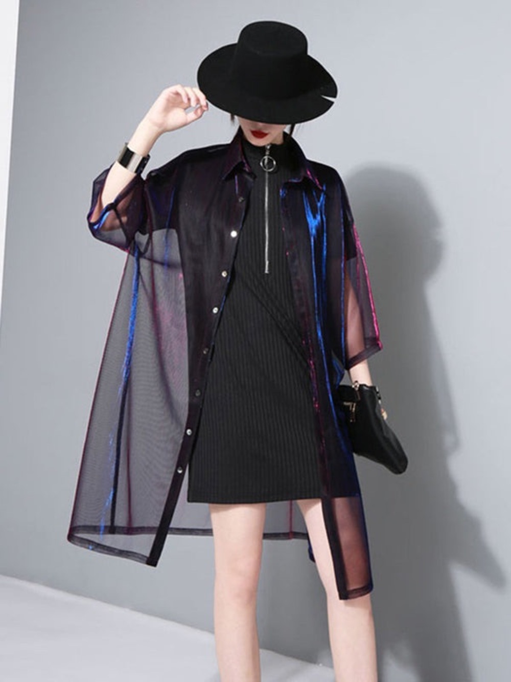 Marigold Shadows Reece Sheer Shimmer Shirt Dress—Rose, Red, Blue